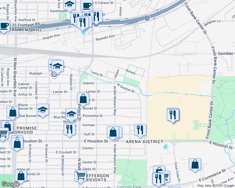 map of restaurants, bars, coffee shops, grocery stores, and more near 2222 Hays Street in San Antonio