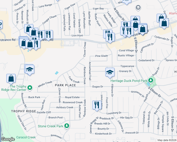 map of restaurants, bars, coffee shops, grocery stores, and more near 1111 Arrowhead Trail in San Antonio
