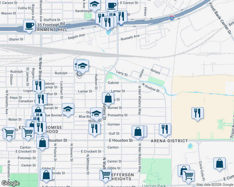 map of restaurants, bars, coffee shops, grocery stores, and more near 2035 Hays Street in San Antonio