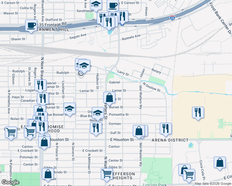 map of restaurants, bars, coffee shops, grocery stores, and more near 2035 Hays Street in San Antonio