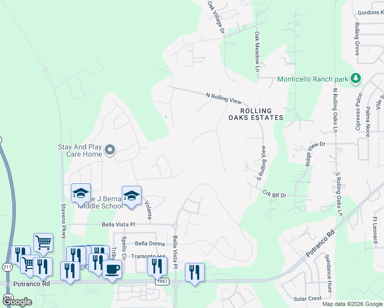 map of restaurants, bars, coffee shops, grocery stores, and more near 13802 Annuziata in San Antonio