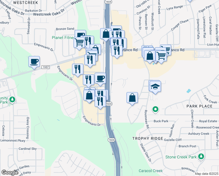 map of restaurants, bars, coffee shops, grocery stores, and more near 19 East Charles William Anderson Loop in San Antonio