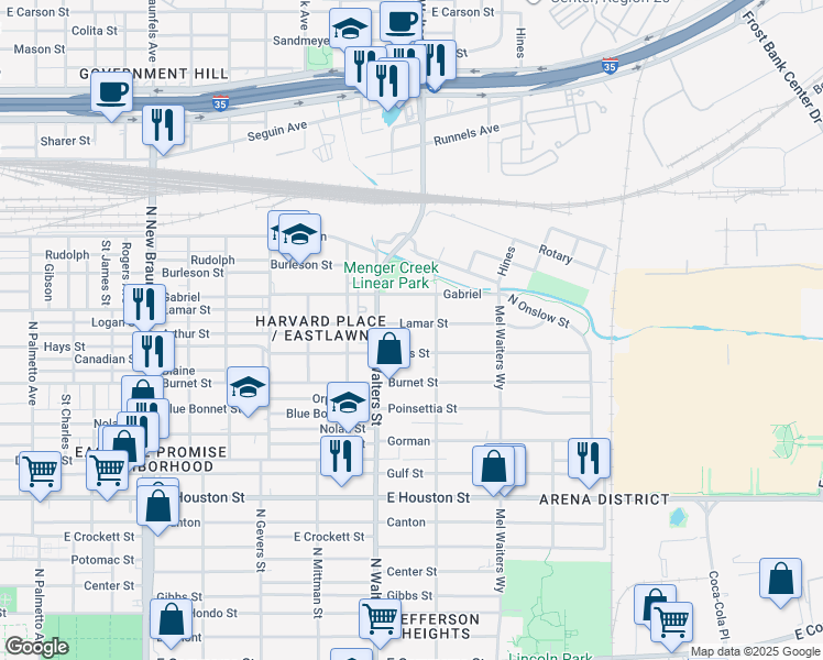 map of restaurants, bars, coffee shops, grocery stores, and more near 730 Gabriel in San Antonio