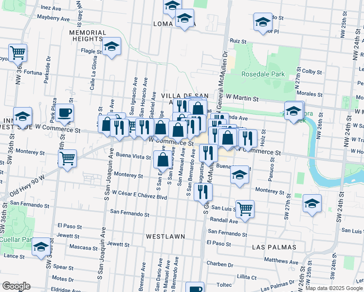 map of restaurants, bars, coffee shops, grocery stores, and more near 4951 West Commerce Street in San Antonio