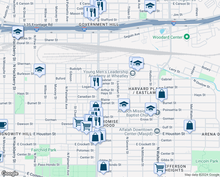 map of restaurants, bars, coffee shops, grocery stores, and more near 1325 Lamar Street in San Antonio