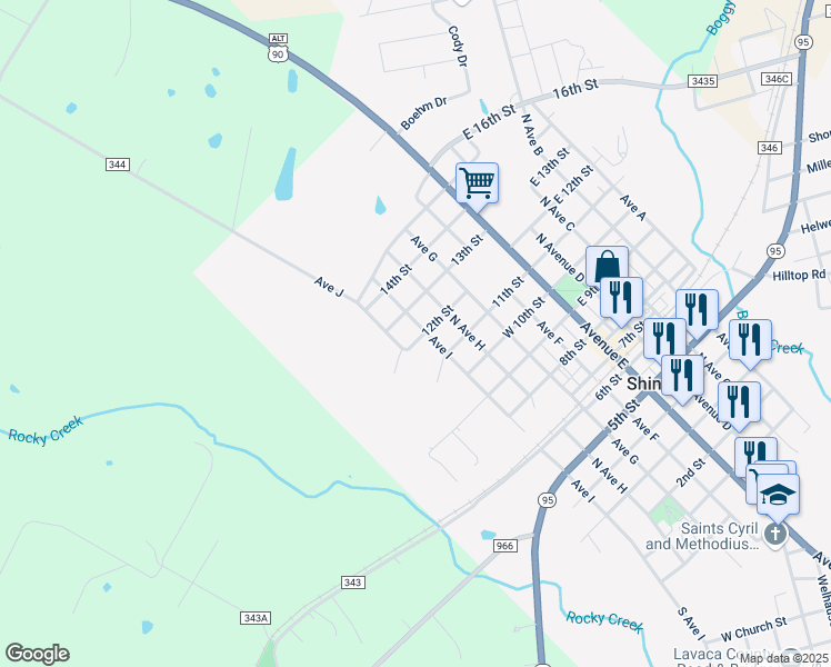map of restaurants, bars, coffee shops, grocery stores, and more near 1208 North Avenue H in Shiner