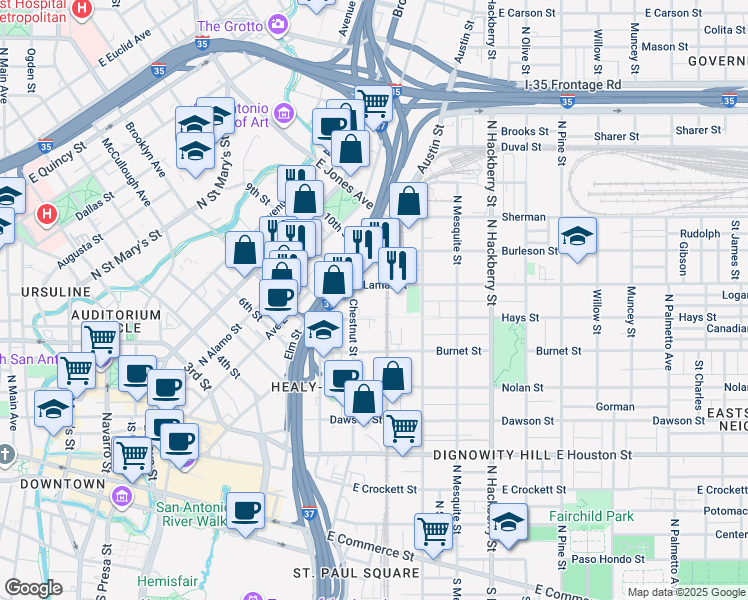 map of restaurants, bars, coffee shops, grocery stores, and more near 125 Lamar in San Antonio