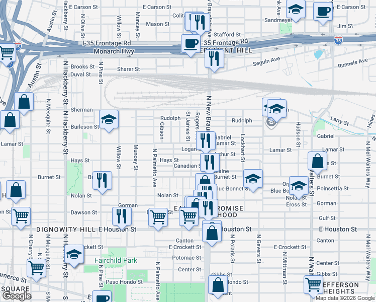 map of restaurants, bars, coffee shops, grocery stores, and more near 1125 Lamar Street in San Antonio
