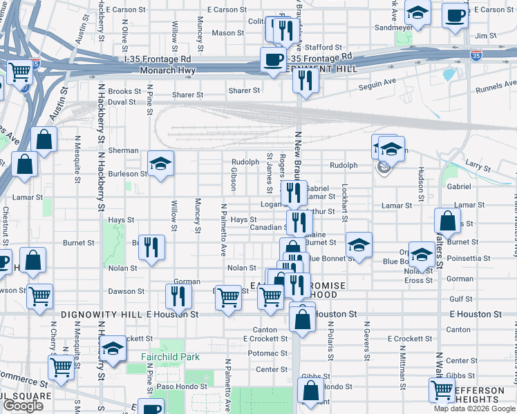 map of restaurants, bars, coffee shops, grocery stores, and more near 1125 Lamar Street in San Antonio