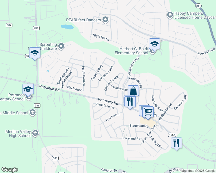map of restaurants, bars, coffee shops, grocery stores, and more near 247 Cardinal Song in San Antonio