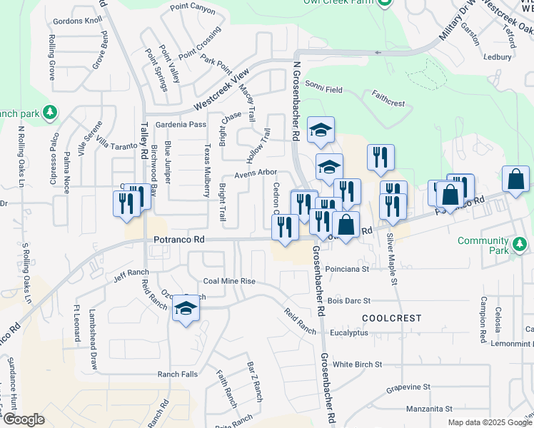 map of restaurants, bars, coffee shops, grocery stores, and more near 226 Mallow Grove in San Antonio