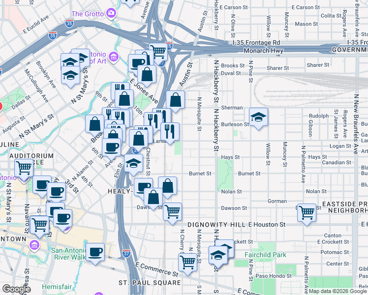 map of restaurants, bars, coffee shops, grocery stores, and more near 901 North Cherry Street in San Antonio