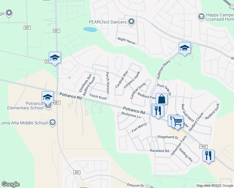 map of restaurants, bars, coffee shops, grocery stores, and more near 311 Cardinal Way in San Antonio