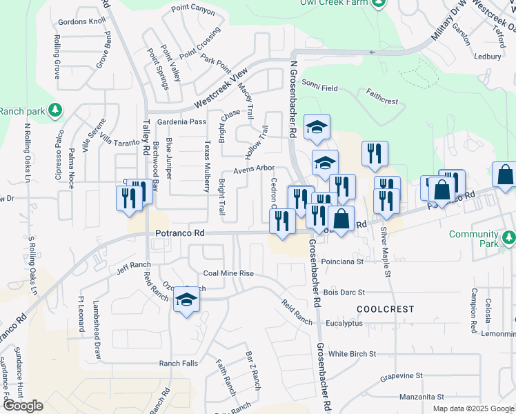 map of restaurants, bars, coffee shops, grocery stores, and more near 226 Mallow Grove in San Antonio
