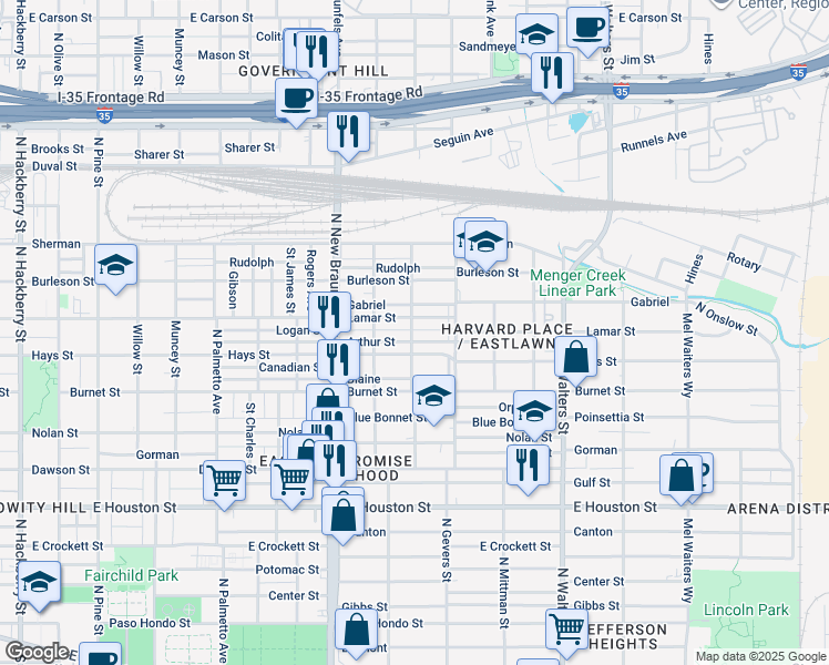 map of restaurants, bars, coffee shops, grocery stores, and more near 1431 Lamar Street in San Antonio