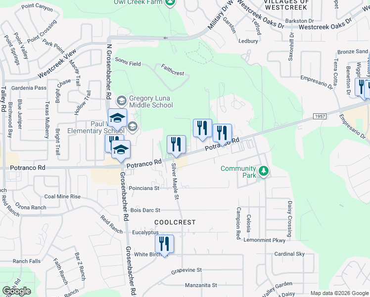 map of restaurants, bars, coffee shops, grocery stores, and more near 12035 Farm to Market Road 1957 in San Antonio