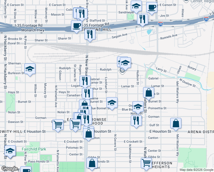 map of restaurants, bars, coffee shops, grocery stores, and more near 1431 Lamar Street in San Antonio