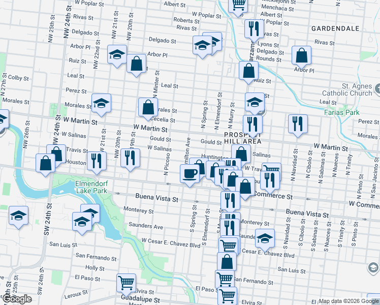 map of restaurants, bars, coffee shops, grocery stores, and more near 3225 West Salinas in San Antonio