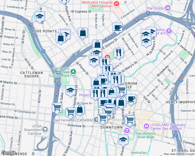 map of restaurants, bars, coffee shops, grocery stores, and more near 569 North Main Avenue in San Antonio