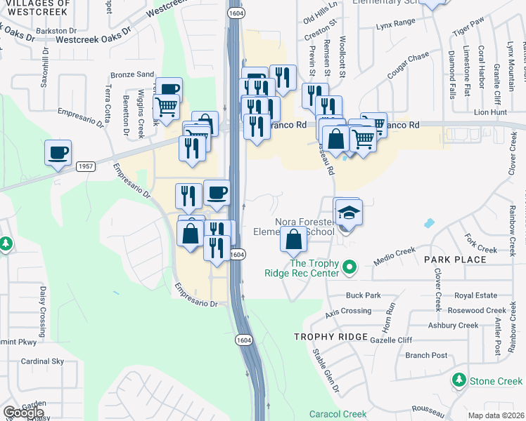 map of restaurants, bars, coffee shops, grocery stores, and more near 999999 Highway 1604 Loop in San Antonio