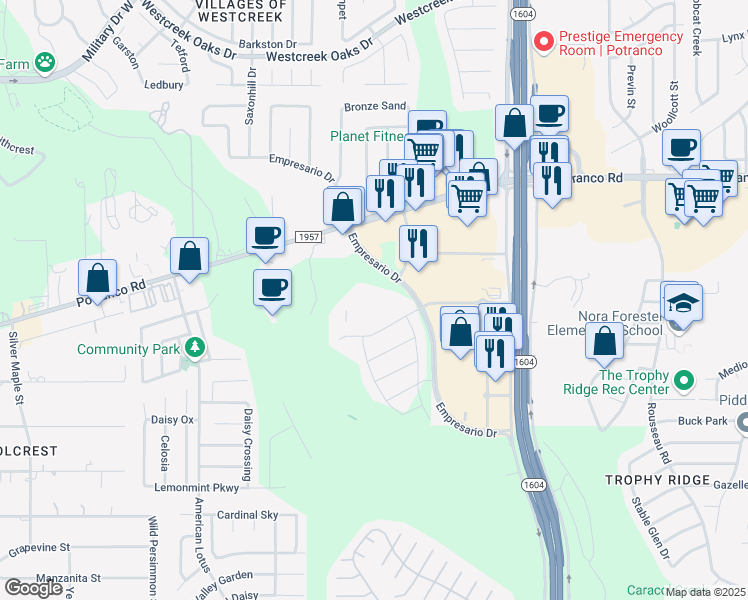 map of restaurants, bars, coffee shops, grocery stores, and more near 189 Empresario Drive in San Antonio