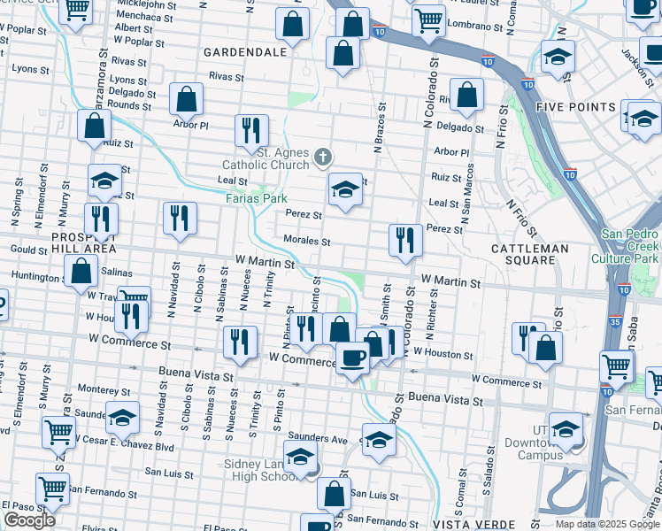 map of restaurants, bars, coffee shops, grocery stores, and more near 2015 West Martin Street in San Antonio