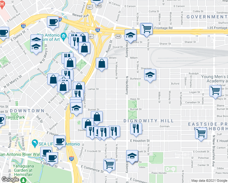 map of restaurants, bars, coffee shops, grocery stores, and more near 901 North Mesquite Street in San Antonio