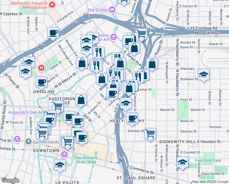 map of restaurants, bars, coffee shops, grocery stores, and more near 701 North Alamo Street in San Antonio