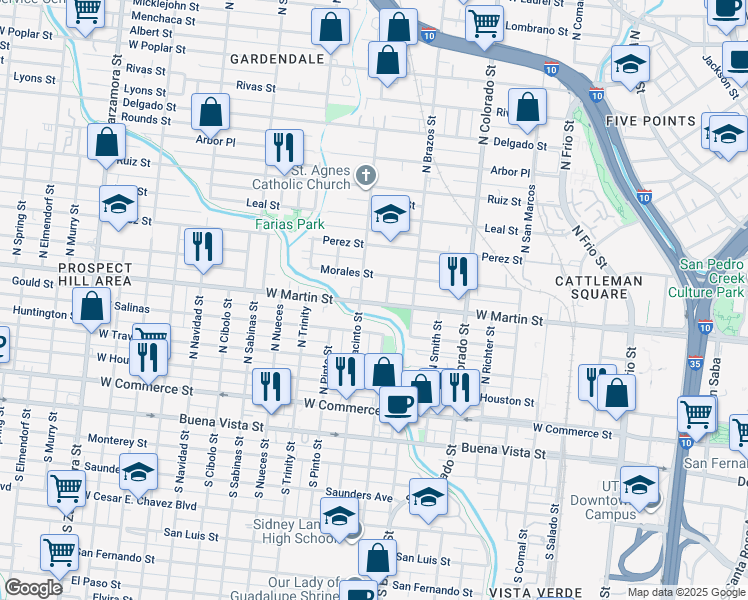map of restaurants, bars, coffee shops, grocery stores, and more near 511 North Las Moras Street in San Antonio