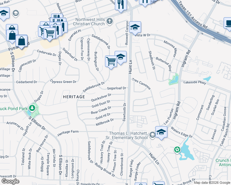 map of restaurants, bars, coffee shops, grocery stores, and more near 9522 Sugarloaf Drive in San Antonio