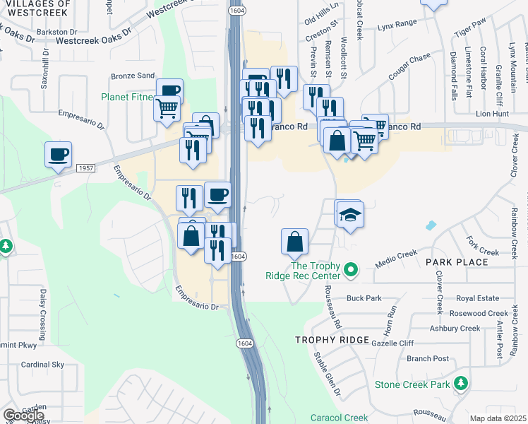 map of restaurants, bars, coffee shops, grocery stores, and more near 999999 Highway 1604 Loop in San Antonio
