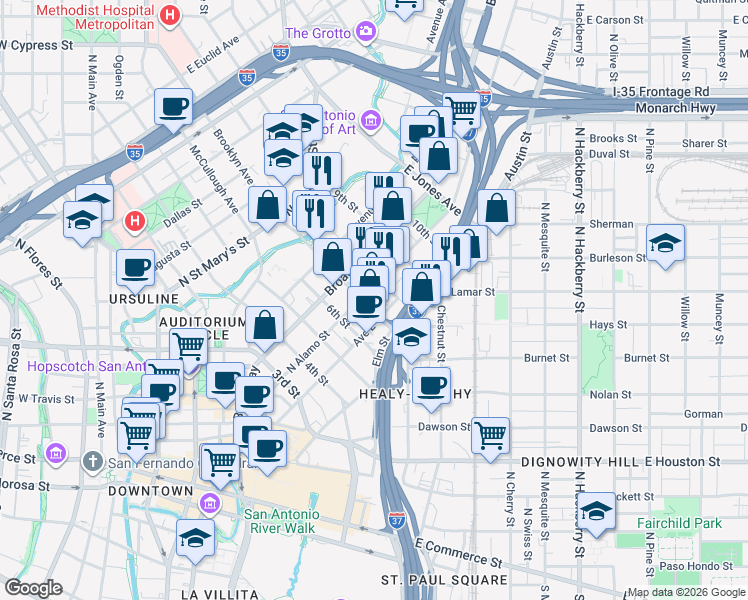 map of restaurants, bars, coffee shops, grocery stores, and more near 701 North Alamo Street in San Antonio