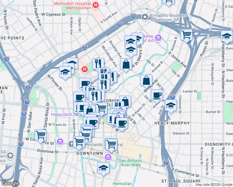 map of restaurants, bars, coffee shops, grocery stores, and more near 102 Lexington Avenue in San Antonio