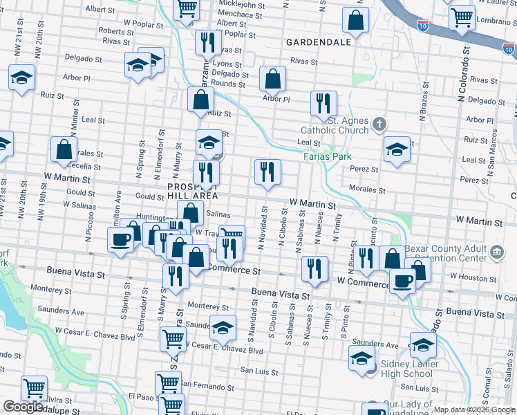 map of restaurants, bars, coffee shops, grocery stores, and more near 424 North Chupaderas Street in San Antonio