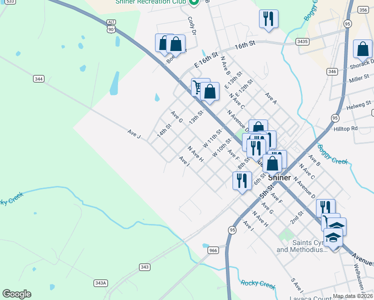map of restaurants, bars, coffee shops, grocery stores, and more near 1208 North Avenue H in Shiner