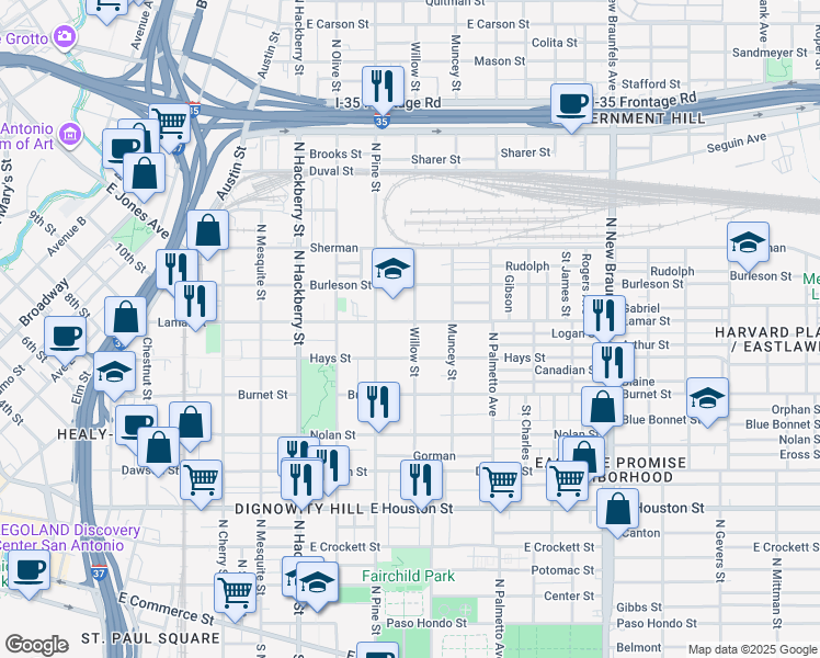 map of restaurants, bars, coffee shops, grocery stores, and more near 515 Willow Street in San Antonio
