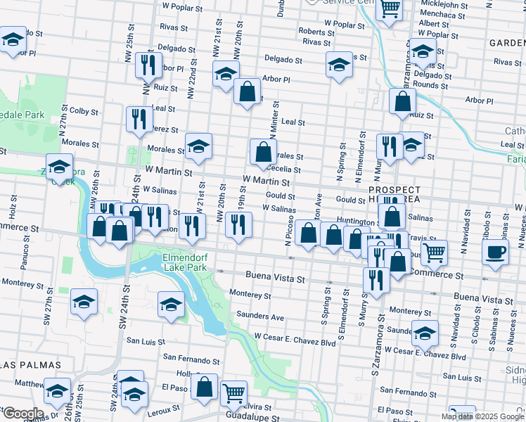 map of restaurants, bars, coffee shops, grocery stores, and more near 3515 West Salinas in San Antonio
