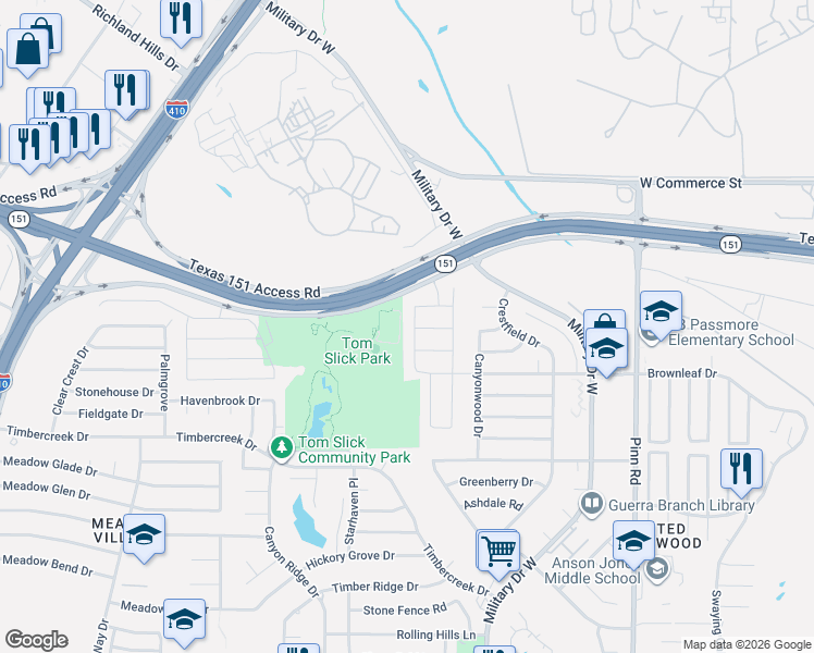 map of restaurants, bars, coffee shops, grocery stores, and more near Texas 151 Access Road in San Antonio