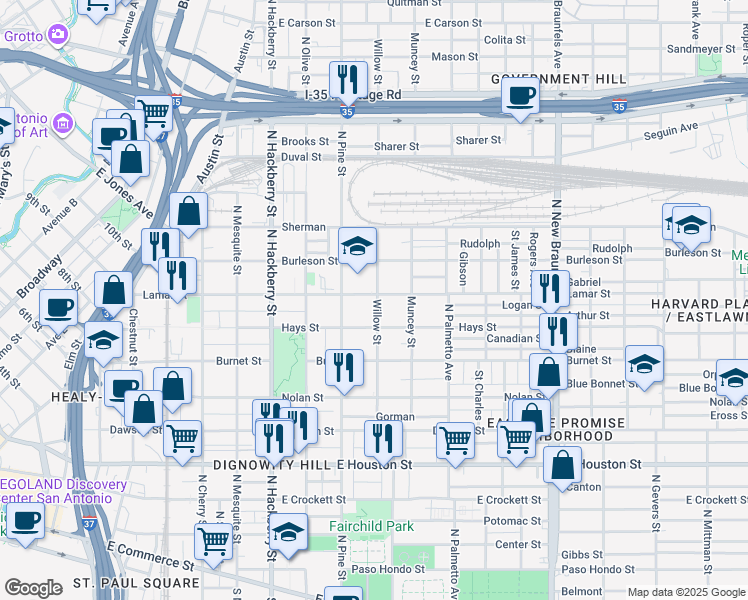 map of restaurants, bars, coffee shops, grocery stores, and more near 515 Willow Street in San Antonio