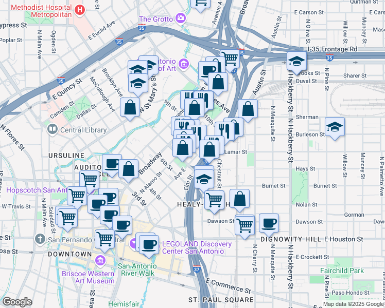 map of restaurants, bars, coffee shops, grocery stores, and more near 416 8th Street in San Antonio