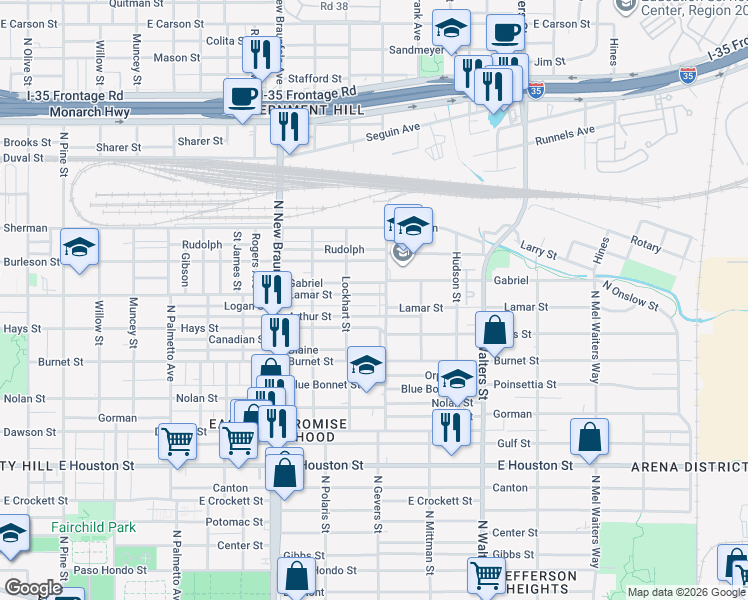 map of restaurants, bars, coffee shops, grocery stores, and more near 1536 Lamar Street in San Antonio