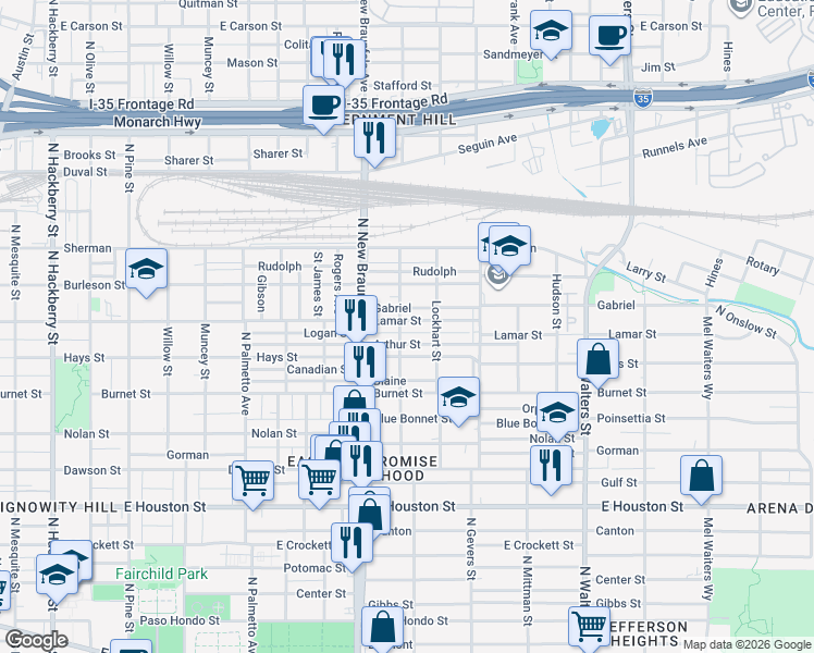 map of restaurants, bars, coffee shops, grocery stores, and more near 1325 Lamar Street in San Antonio