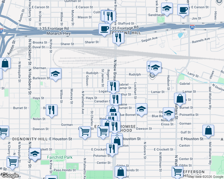 map of restaurants, bars, coffee shops, grocery stores, and more near 1230 Lamar in San Antonio