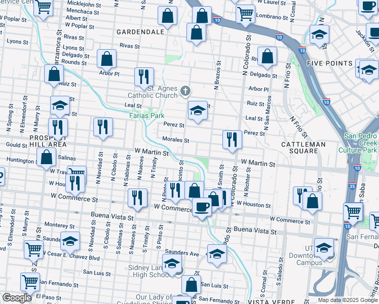 map of restaurants, bars, coffee shops, grocery stores, and more near 2015 West Martin Street in San Antonio