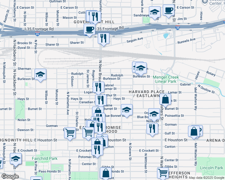 map of restaurants, bars, coffee shops, grocery stores, and more near 1404 Lamar in San Antonio