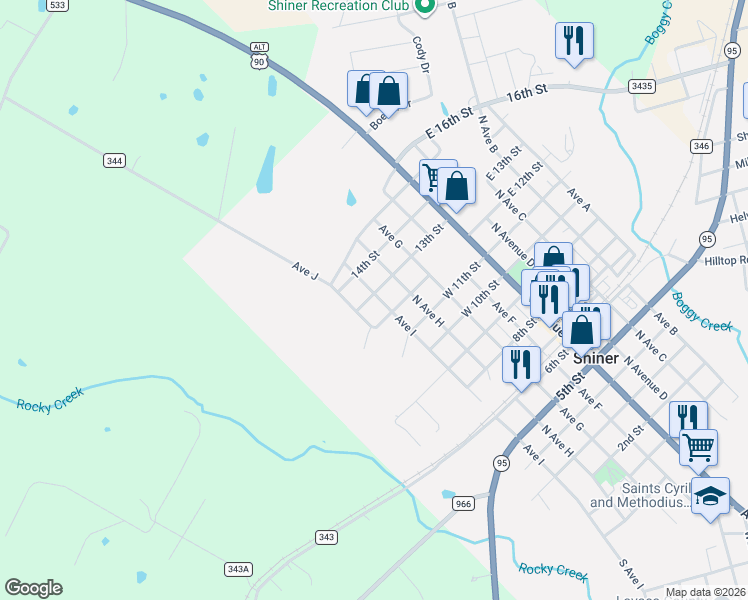 map of restaurants, bars, coffee shops, grocery stores, and more near 1304 Avenue I in Shiner