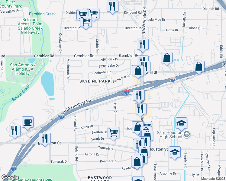 map of restaurants, bars, coffee shops, grocery stores, and more near 4326 Spring Oak Drive in San Antonio