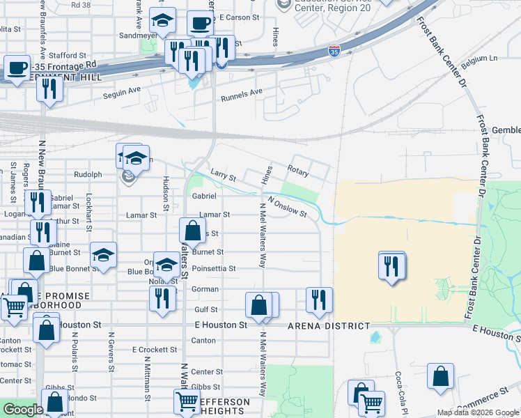 map of restaurants, bars, coffee shops, grocery stores, and more near 850 Gabriel in San Antonio