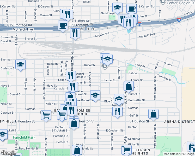 map of restaurants, bars, coffee shops, grocery stores, and more near 1536 Lamar Street in San Antonio