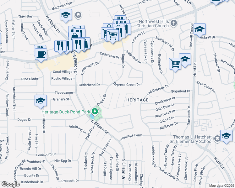 map of restaurants, bars, coffee shops, grocery stores, and more near 800 Robinair Drive in San Antonio